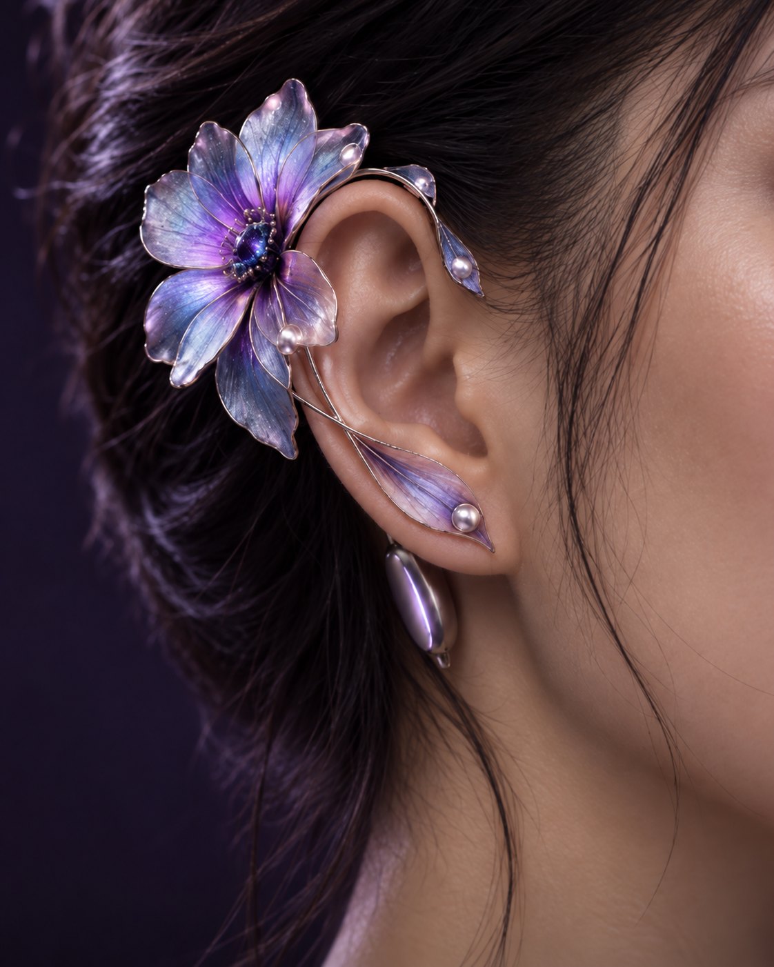 Leo worn at the ear: a violet, flower-shaped EEG wearable made like jewelry