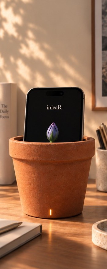 A phone planted in The Pot, a terracotta stand; the screen shows a closed flower bud