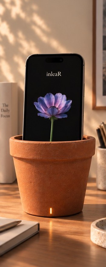 The phone half-risen from the pot, the flower opening