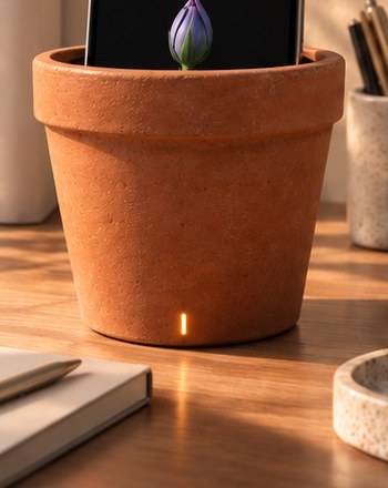 The Pot up close: a terracotta vessel on a wooden desk, a warm light at its base